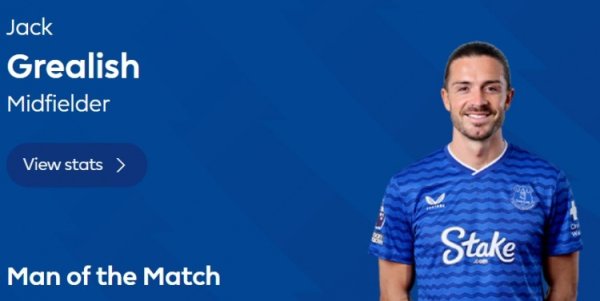 打进致胜球  ，英超官方：格拉利什当选埃弗顿2-1水晶宫全场最佳