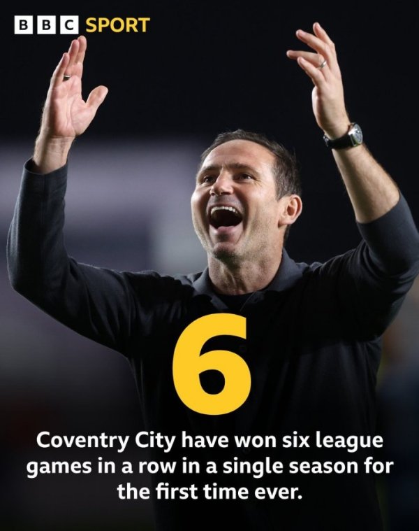 兰帕德率队创造历史，考文垂队史首次在单赛季取得职业联赛  6连胜